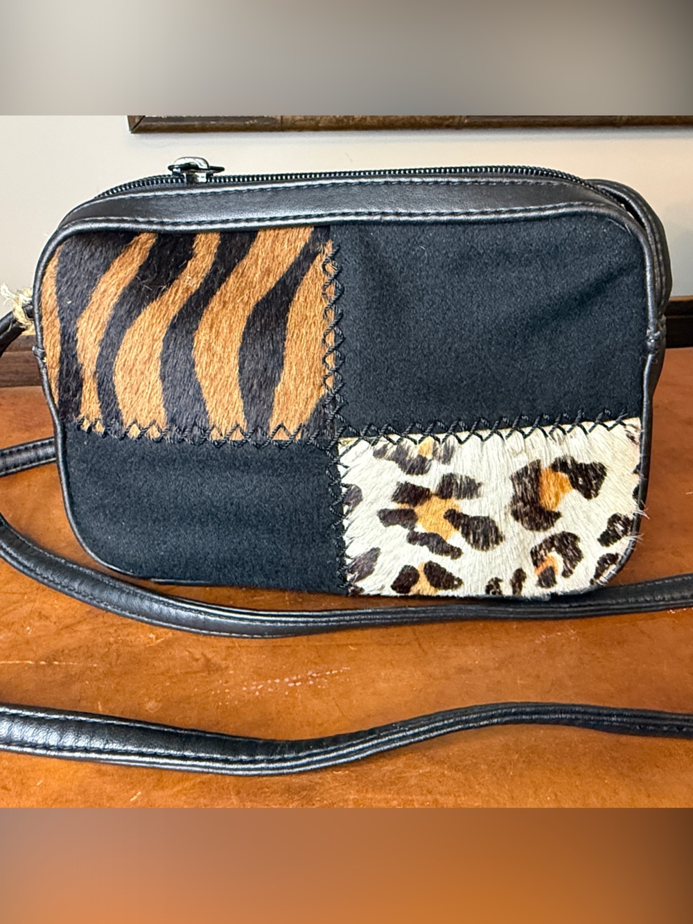 Black Patchwork Crossbody Bag with Leopard & Tiger Print